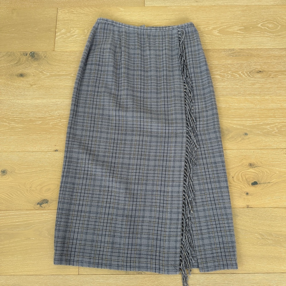 80s Scarf Skirt Checkered Tartan periwinkle Plaid Knit Wrap Fringe Size 10P